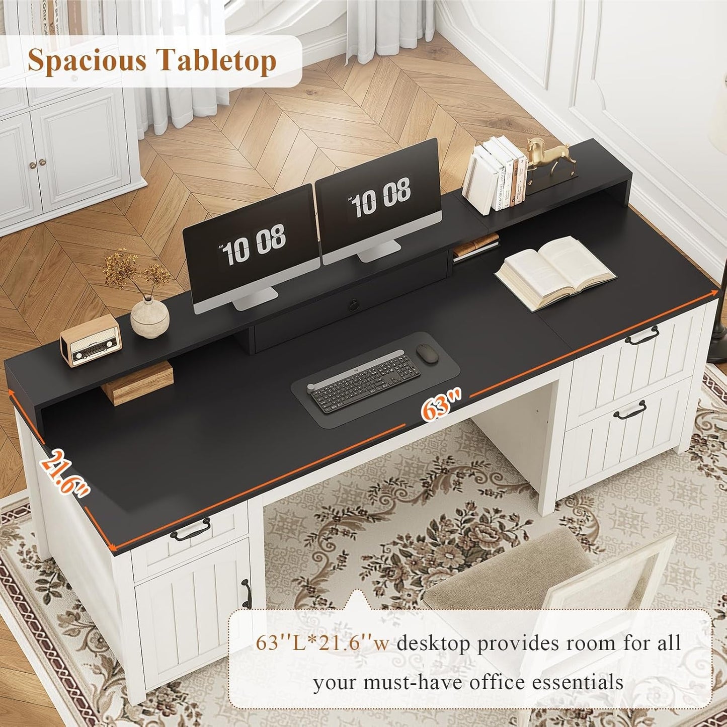 63 Inch Wide White Solid Wood Executive Desk With Drawer