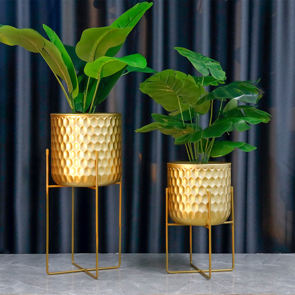 2 Set of 17&12 Inch Tall Planters With Stand Gold with green plants in modern design.