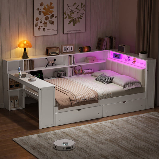Wood Full Size Platform Bed with Storage Shelves and Charging Station