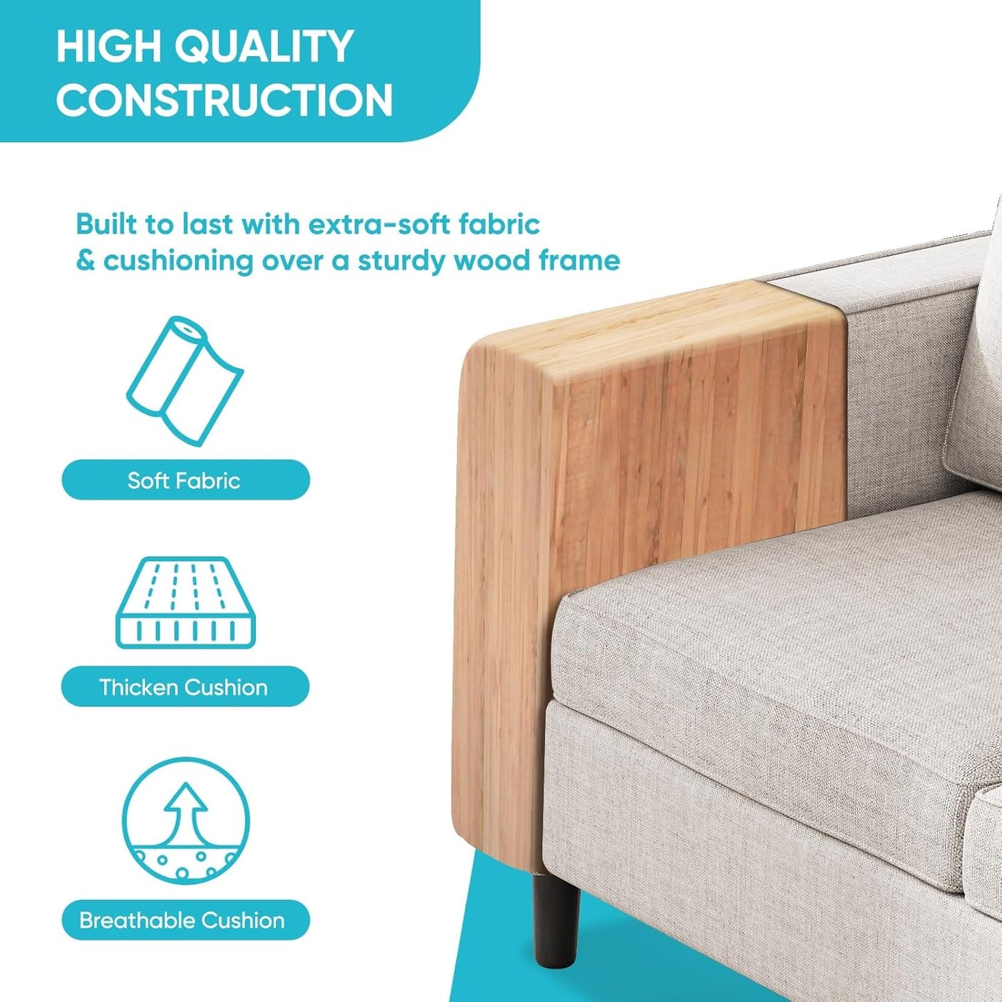 Beige 6 Seater Sectional Sofa With Movable Ottoman