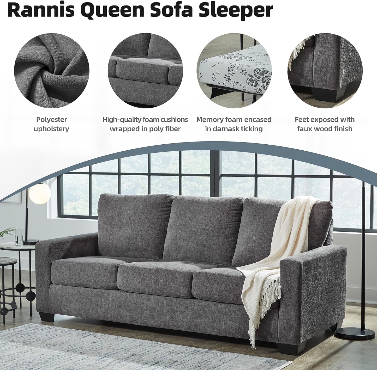 Queen Memory Foam Convertible Sofa Sleeper Charcoal