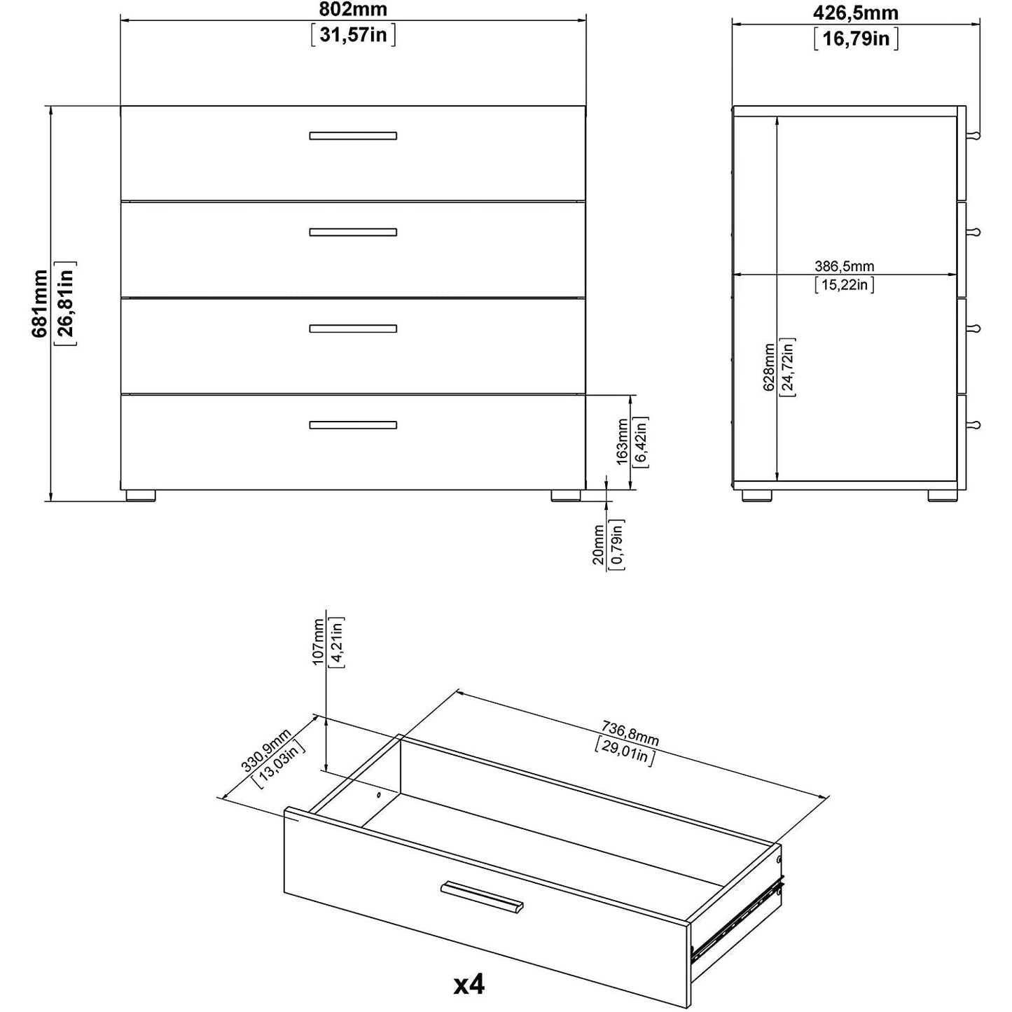 Oak Structure Four Drawer Chest With Silver Bar Handles