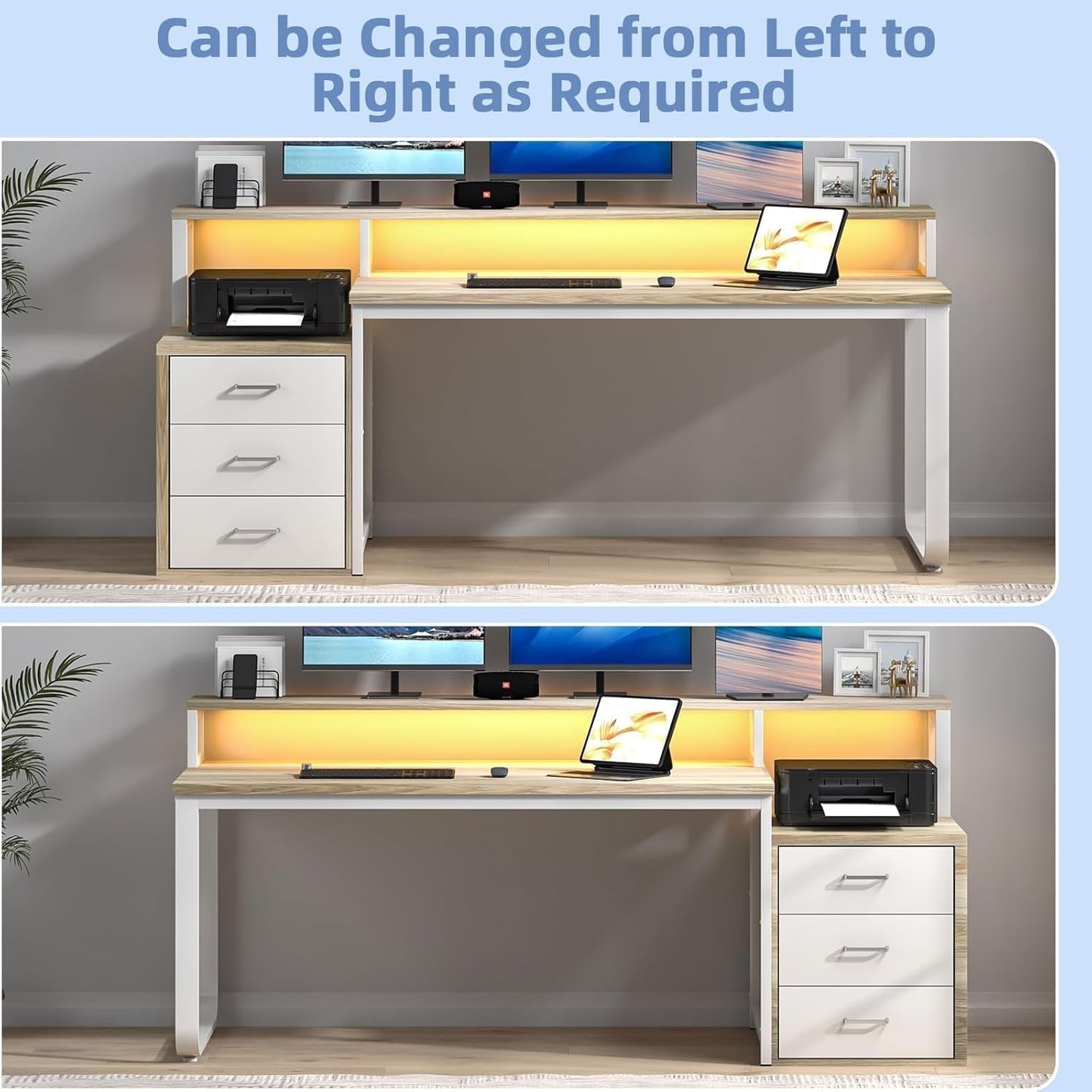 67 nch White Walnut Computer Desk With LED Lighting