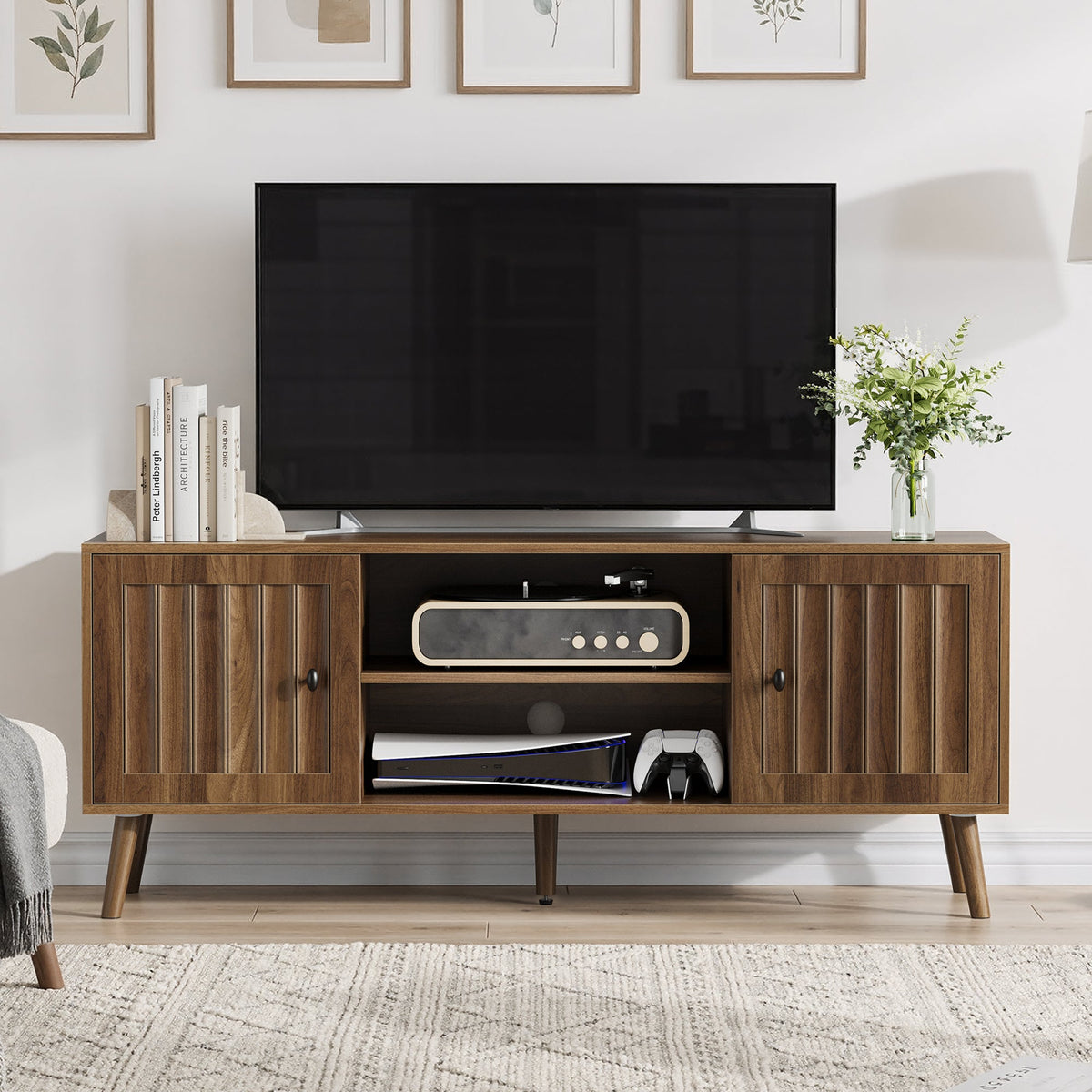 55-Inch Wooden TV Cabinet with 2 Vertical Groove Doors