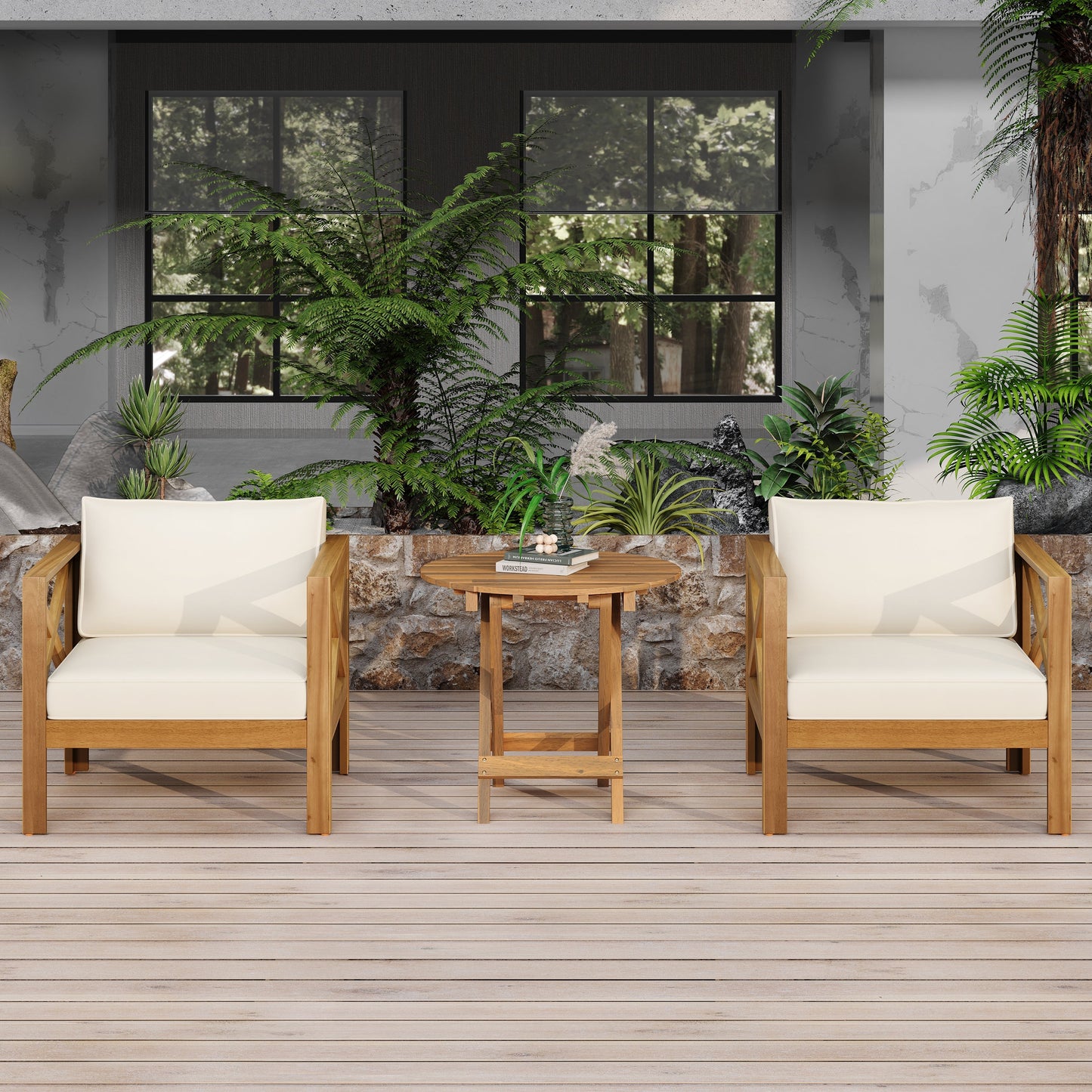 Patio Conversation Set with Foldable Acacia Wood Side Table and Cushions