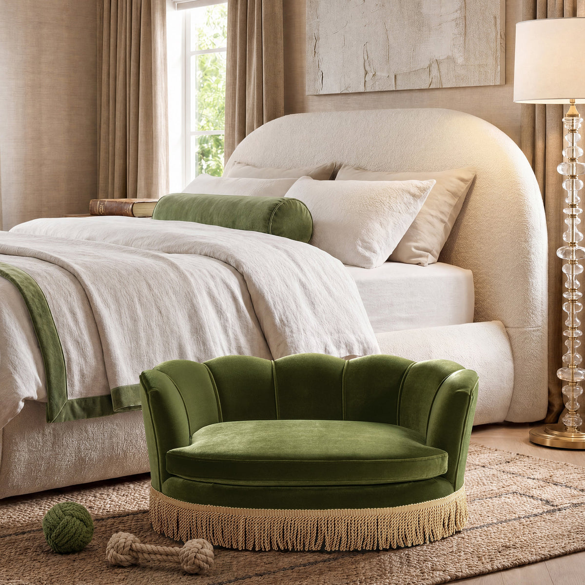 Clara 34.5" Scalloped Pet Sofa Bed, Medium, Olive