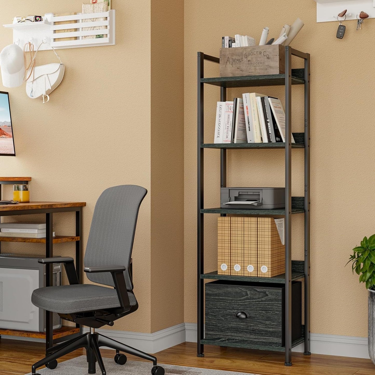 5 Tier Bookshelf With Drawer Black In Modern Rustic Style
