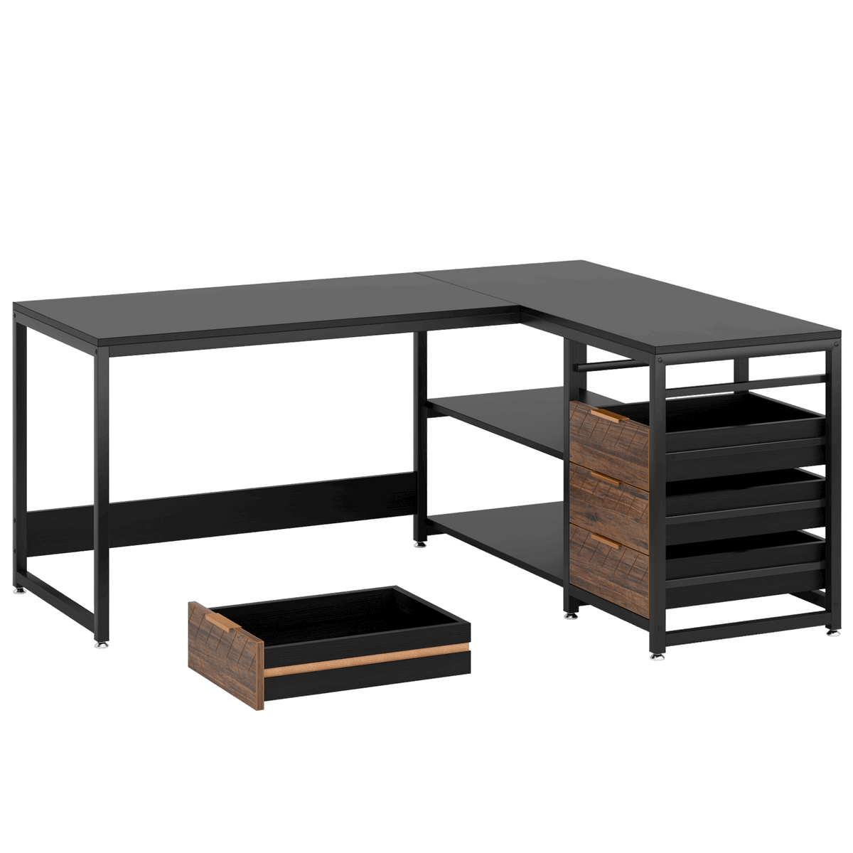 59 Inches L-Shaped Computer Desk with Drawers and Storage Shelves