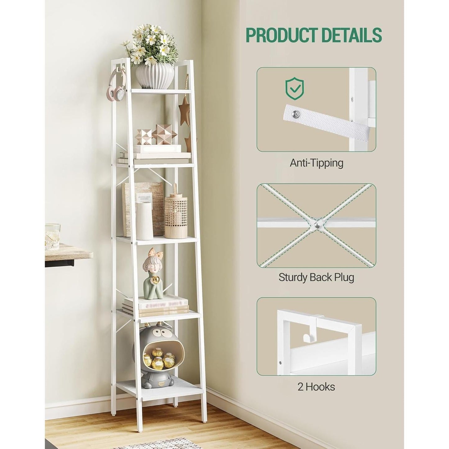 5 Tier White Ladder Shelf Bookcase With Two Hooks For Corner