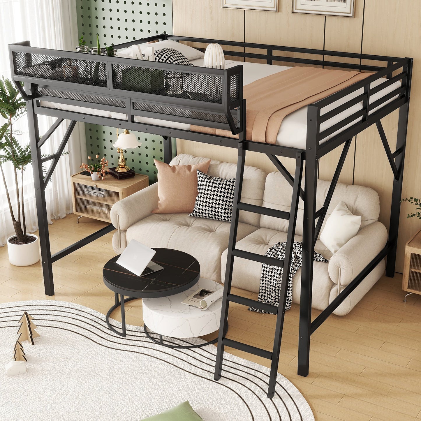 Full Size Loft Bed with Ladder, Metal Full Loft Bed with Storage Shelves, High Loft Bed for Kids Teens, Black(Expect Arrival Date 2025/11/26, Old SKU W2580P353531)