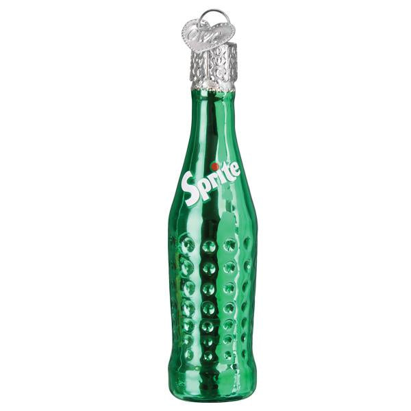 Green Sprite bottle-shaped ornament on a white background