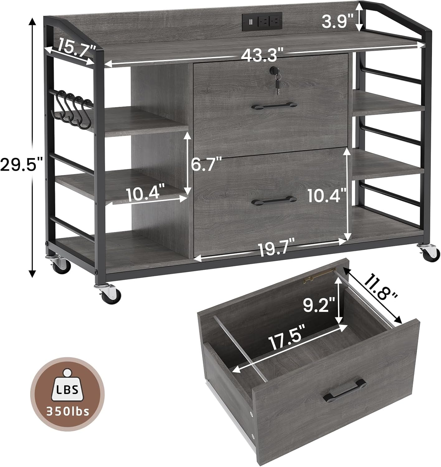 44 Inch 2 Drawer File Cabinet Grey With Lock For Office