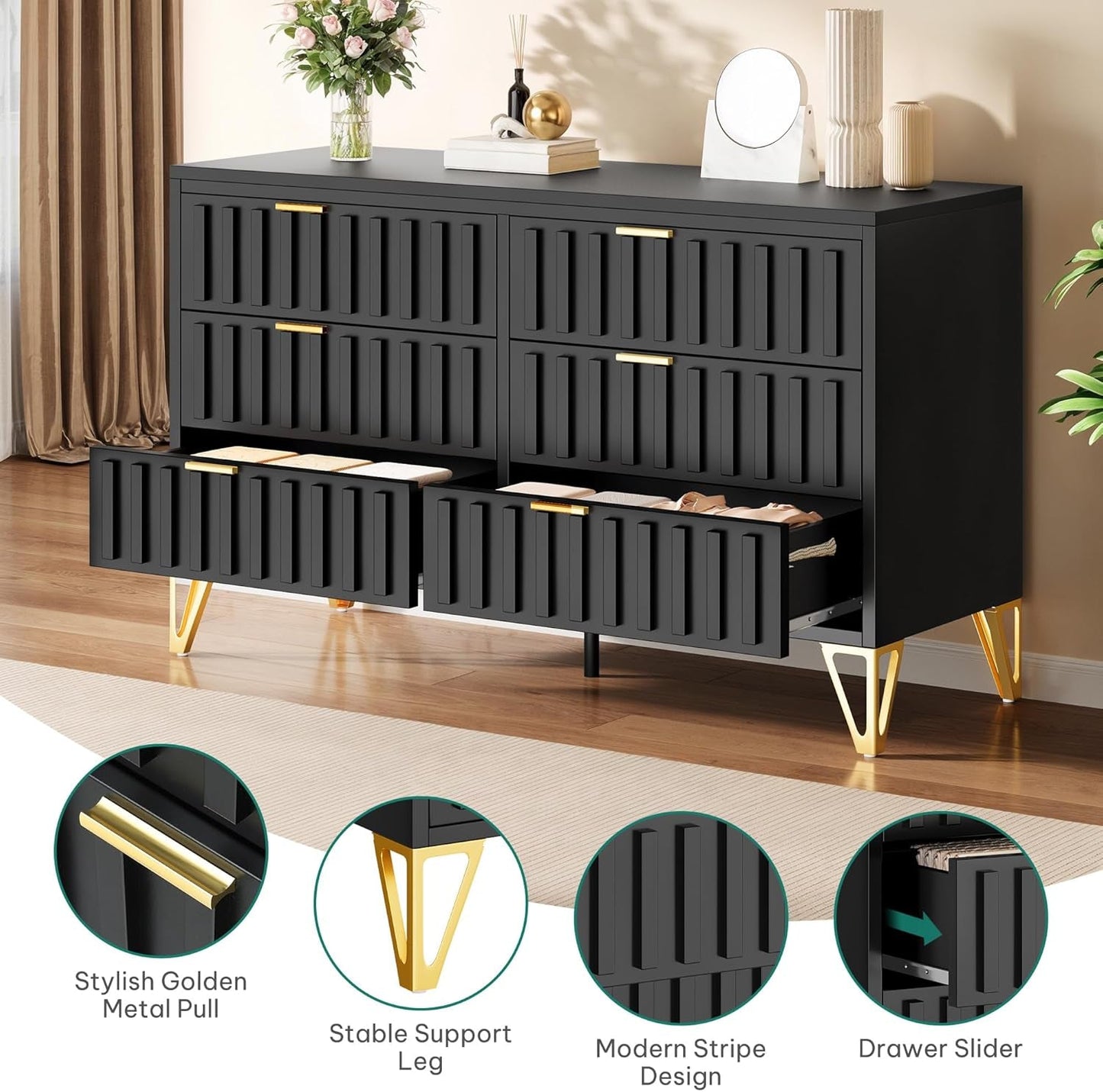 Fluted Stainlesssteel Dresser Six Drawer Black Mattefinish