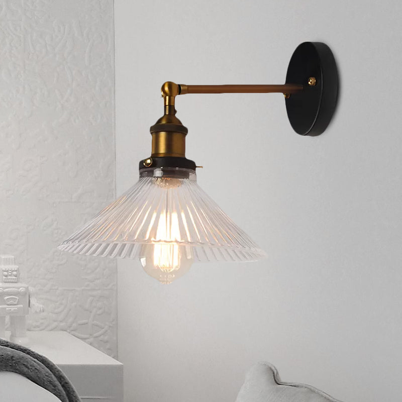 Industrial Elegance: Brass Cone Wall Sconce with Clear Ribbed Glass