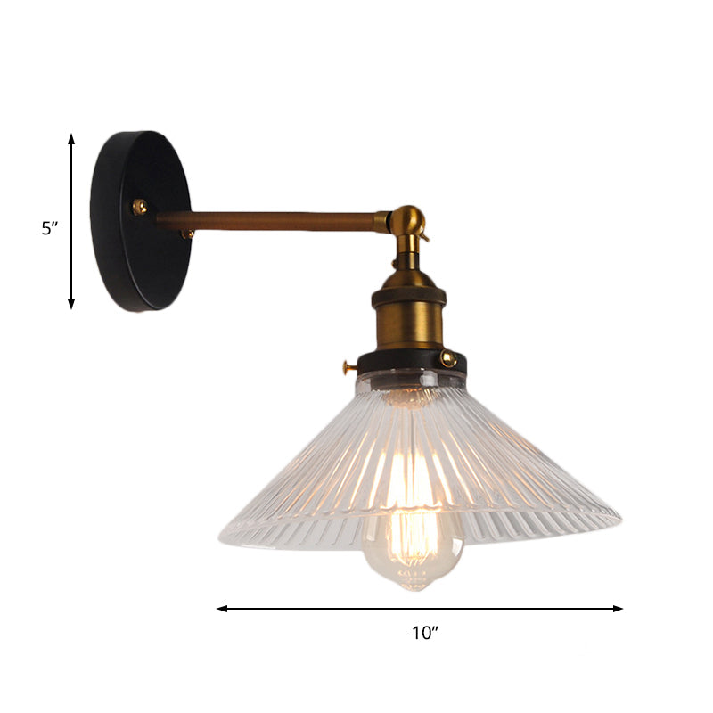Industrial Elegance: Brass Cone Wall Sconce with Clear Ribbed Glass