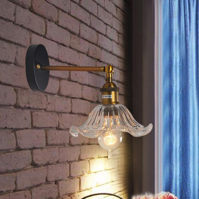 Industrial Elegance: Brass Cone Wall Sconce with Clear Ribbed Glass