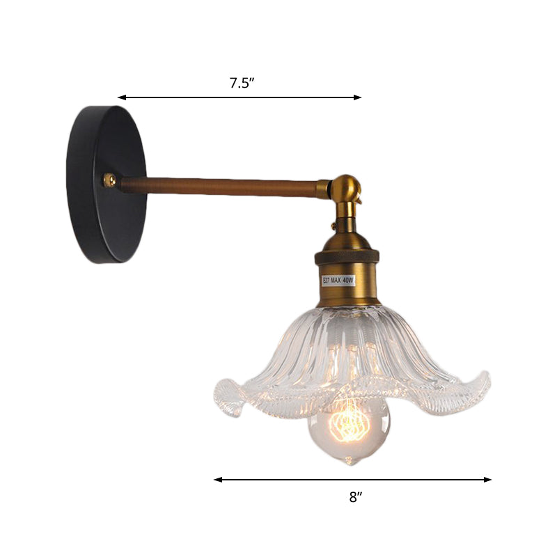 Industrial Elegance: Brass Cone Wall Sconce with Clear Ribbed Glass