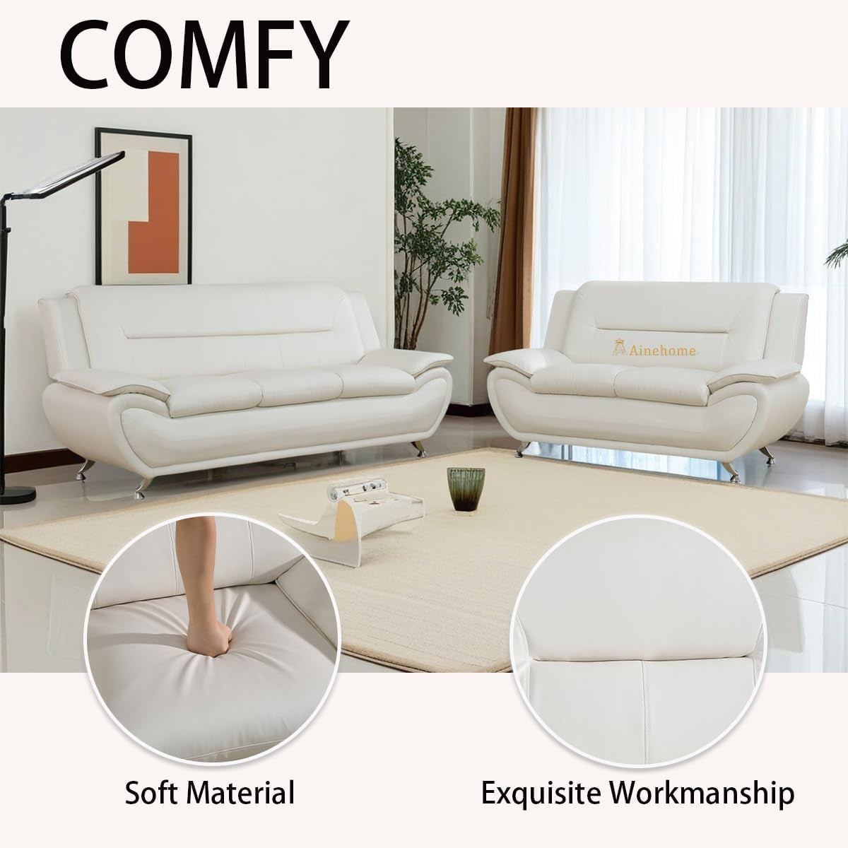 Creamy White 5 Seat Faux Leather Sectional Sofa Set
