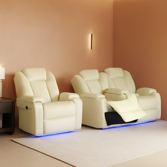White Leather Power Reclining Sofa Set for Living Room