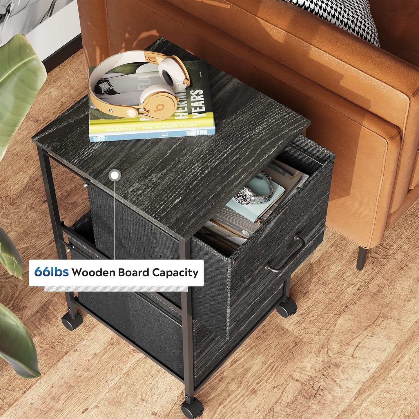 2 Drawer Mobile File Cabinet Rolling Printer Stand Charcoal Black Wood Grain Finish For Home Office