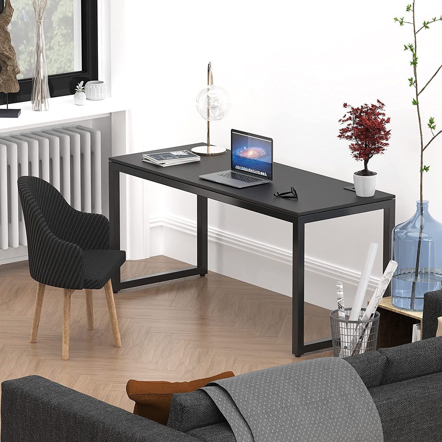 Black Solo Desk 55 Inch Wide With Two Cable Grommets