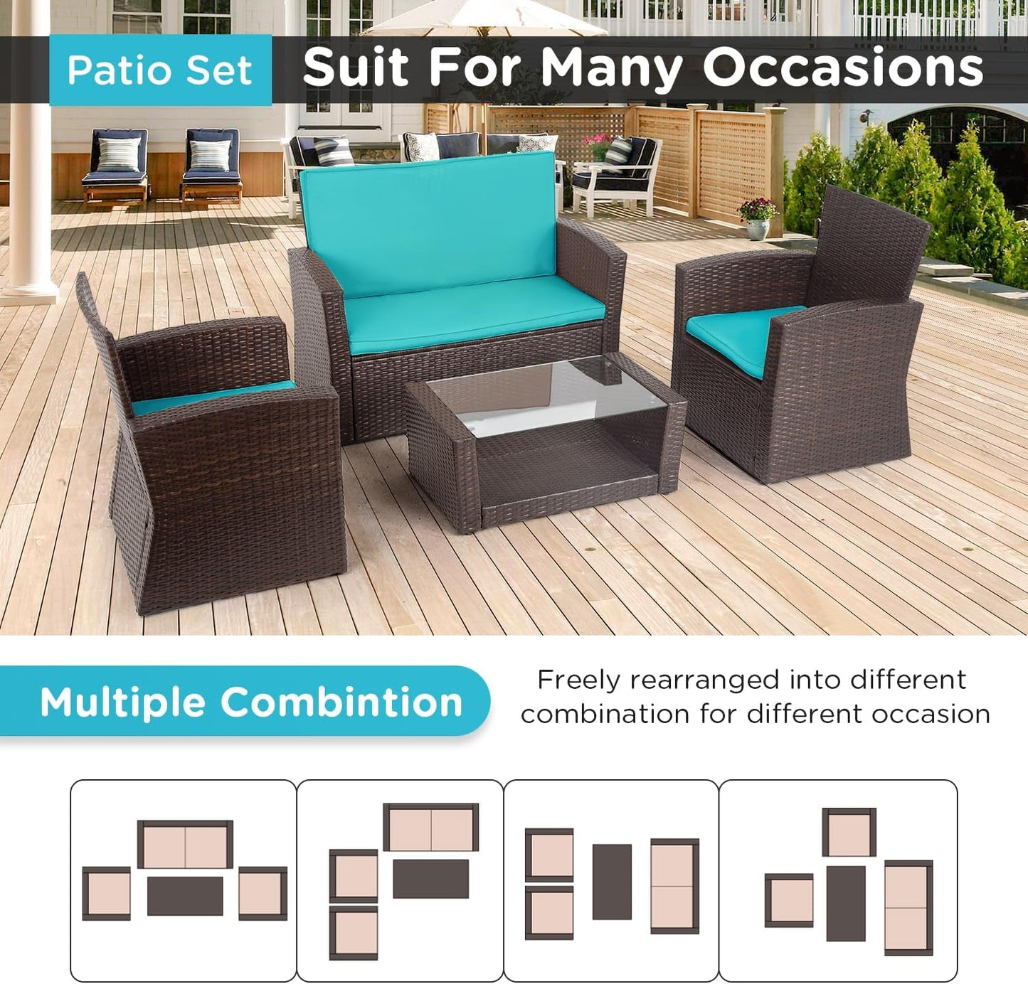 4 Piece Outdoor Patio Furniture Set Wicker Conversation