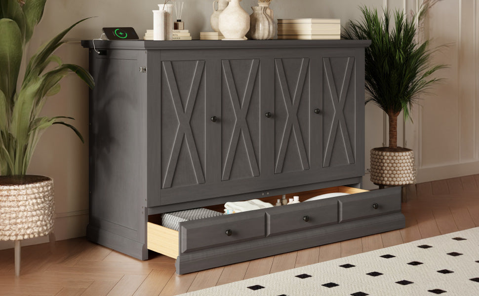 Farmhouse Style Solid Pine Wood Murphy Bed Chest Cube Cabinet Bed