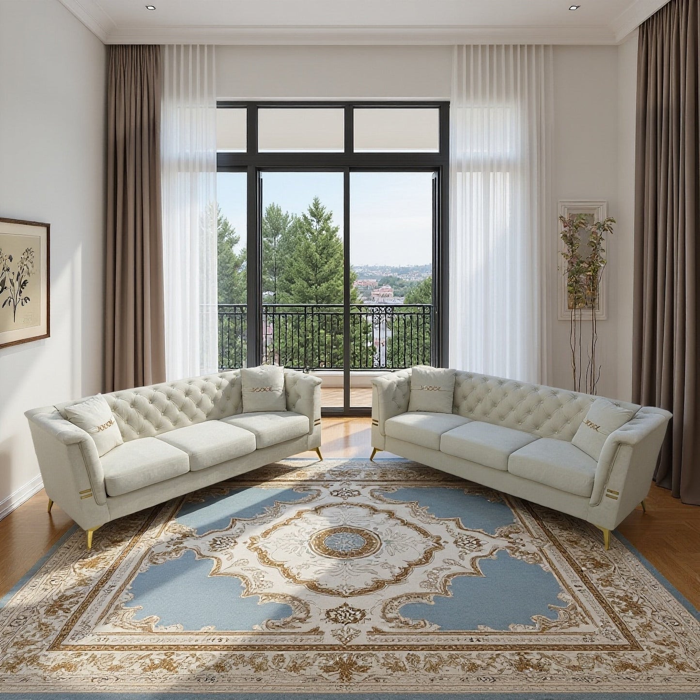 FX-P83-2PC SOFA -CW4  Modern Velvet Upholstered Sofa Set of 2, Cream White 3-Seater Sofas with Gold Metal Legs Contemporary Living Room Furniture for Family Homes, Apartments, and Lounge Spaces