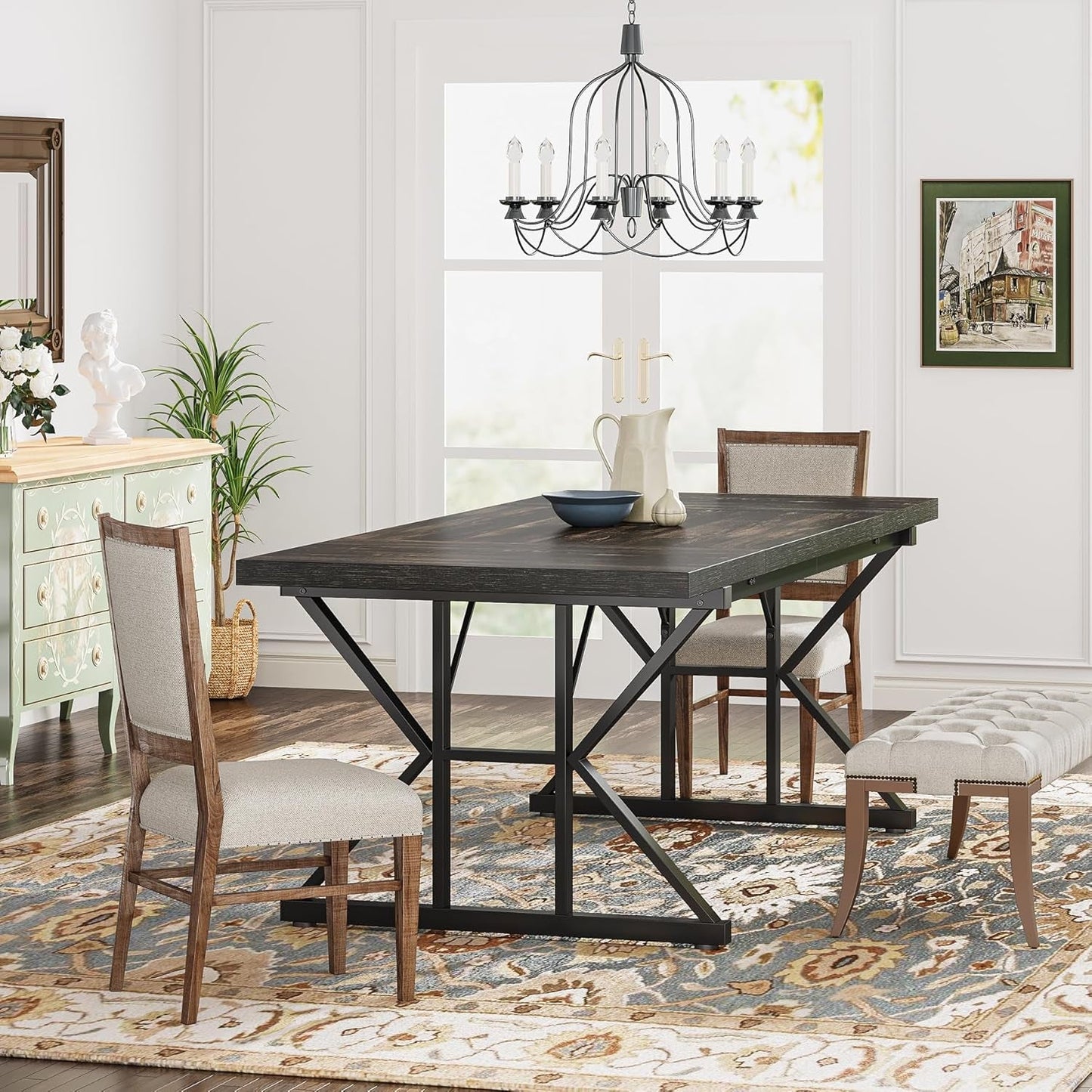 Farmhouse Dining Table 70.8 Inch Heavy Duty Metal Legs