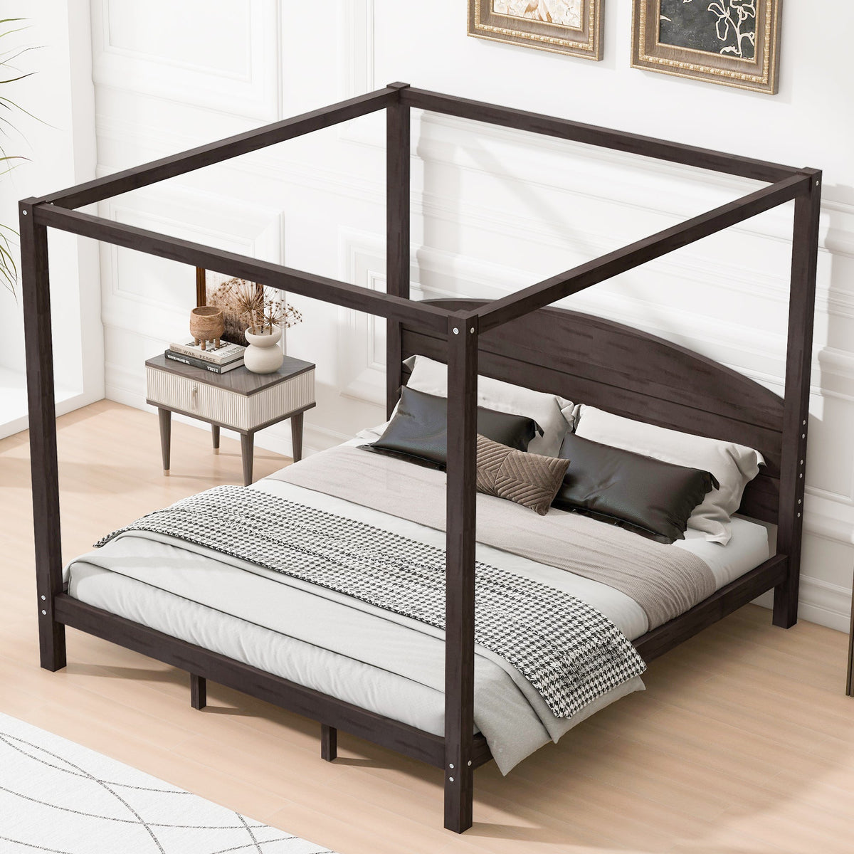 King Size Canopy Platform Bed with Headboard and Support Legs