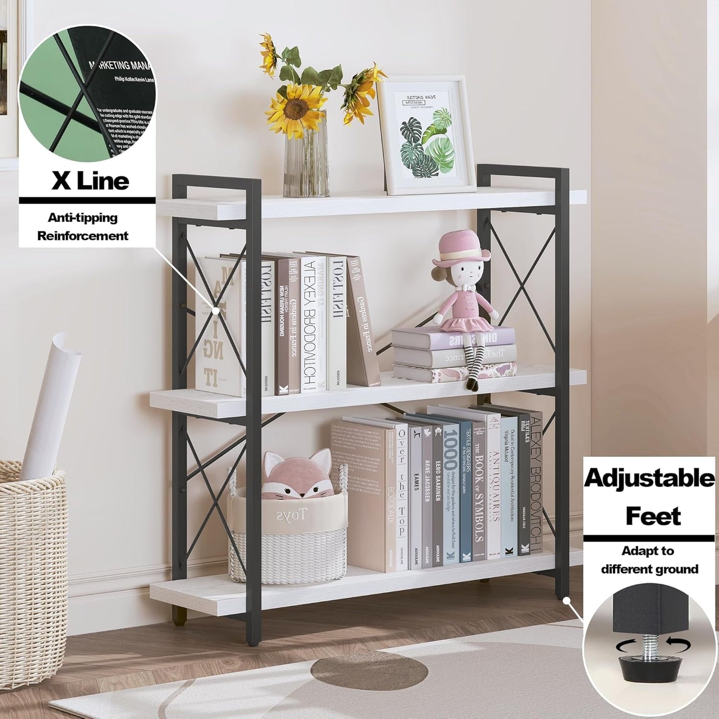 Industrial Three Tier Open Bookcase With Metal Frame Sturdy