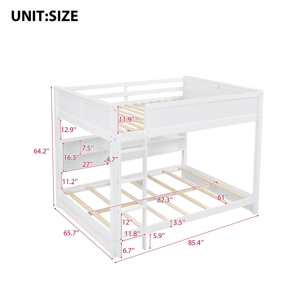 Queen Over Queen Bunk Bed with Storage Cabinets and USB Ports