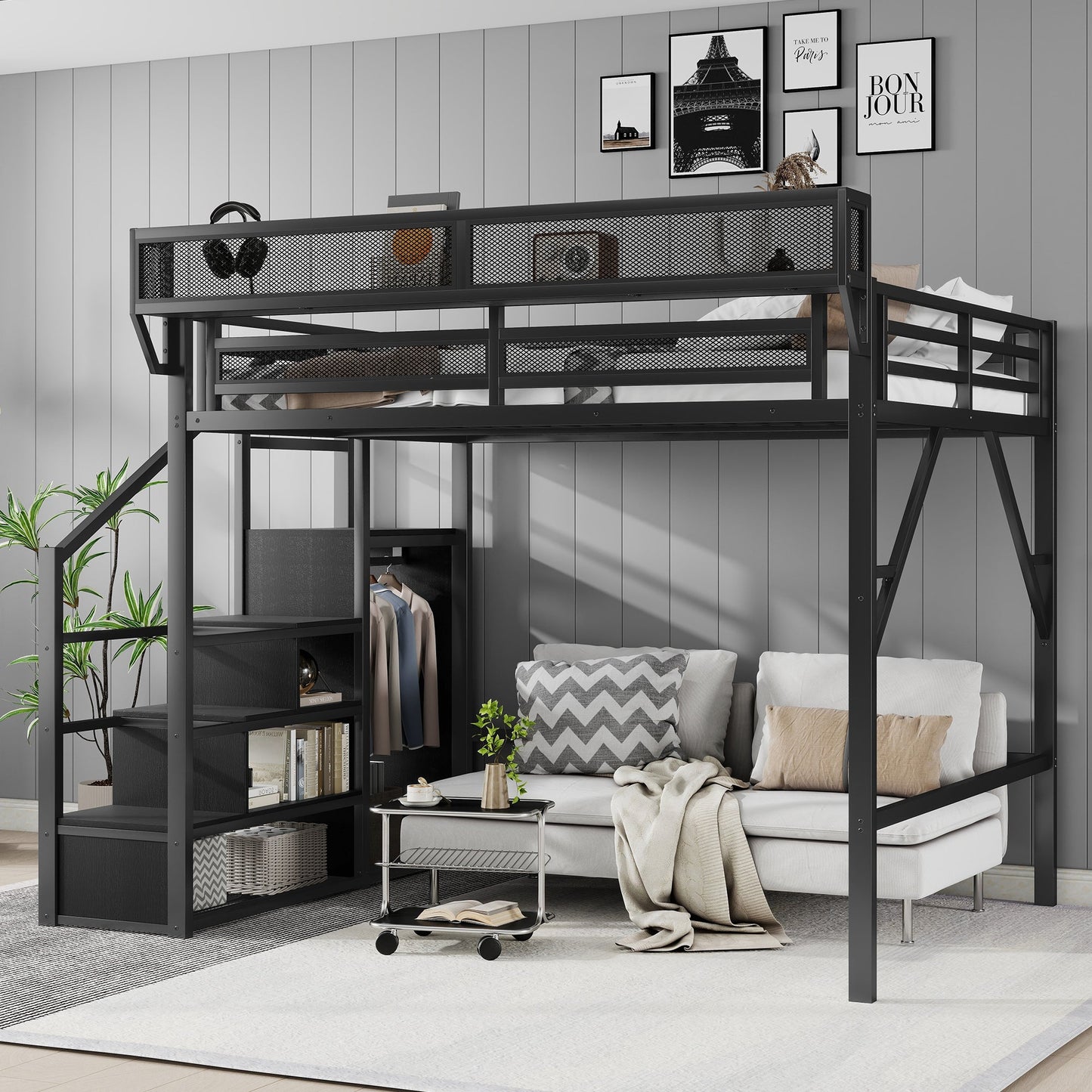 Queen Size Loft Bed with Stairs, Metal Loft Bed with Storage Shelves