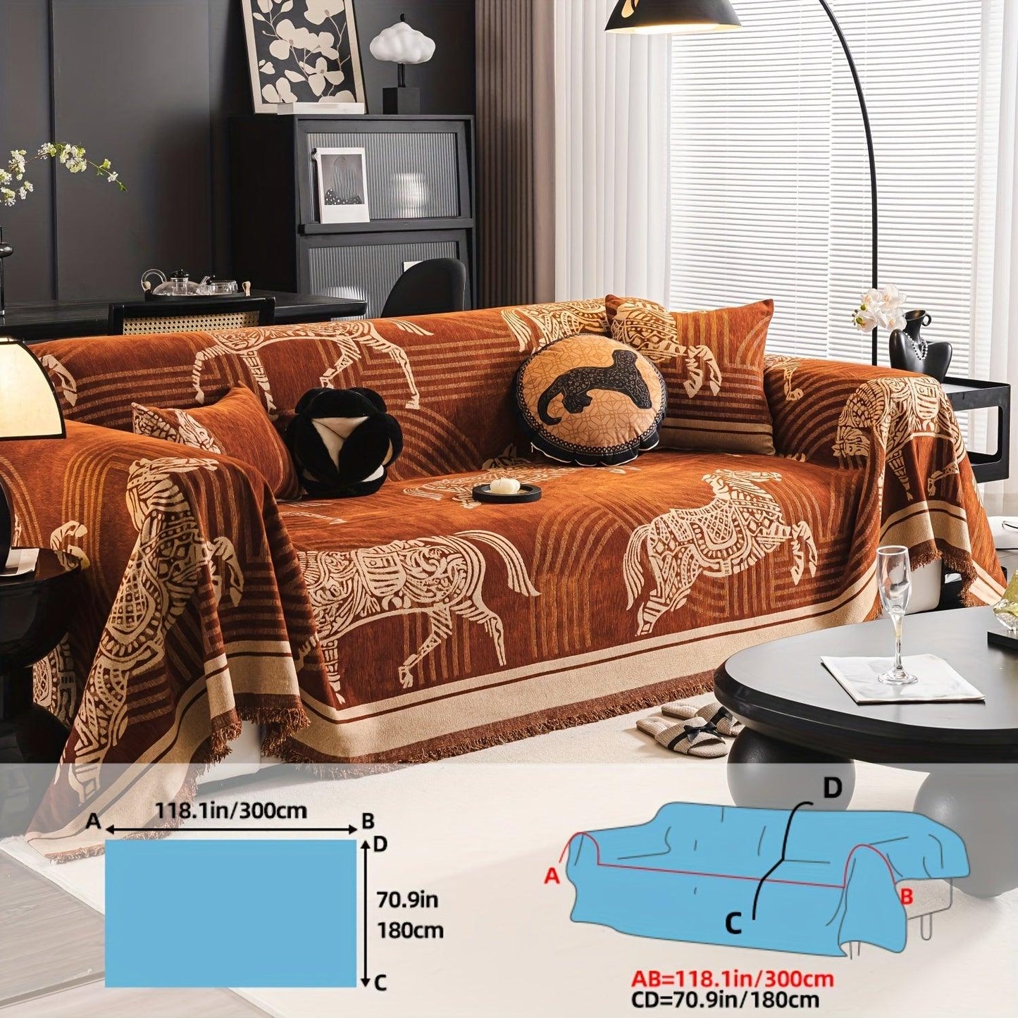 Luxurious Chenille Horse Design Sofa Cover Decor in Orange & Green