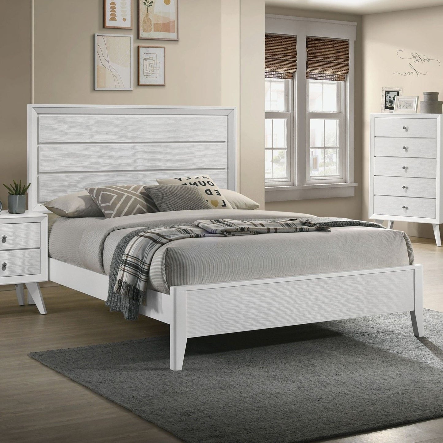 White Eastern King Size Bed Panel Headboard Wave Texture