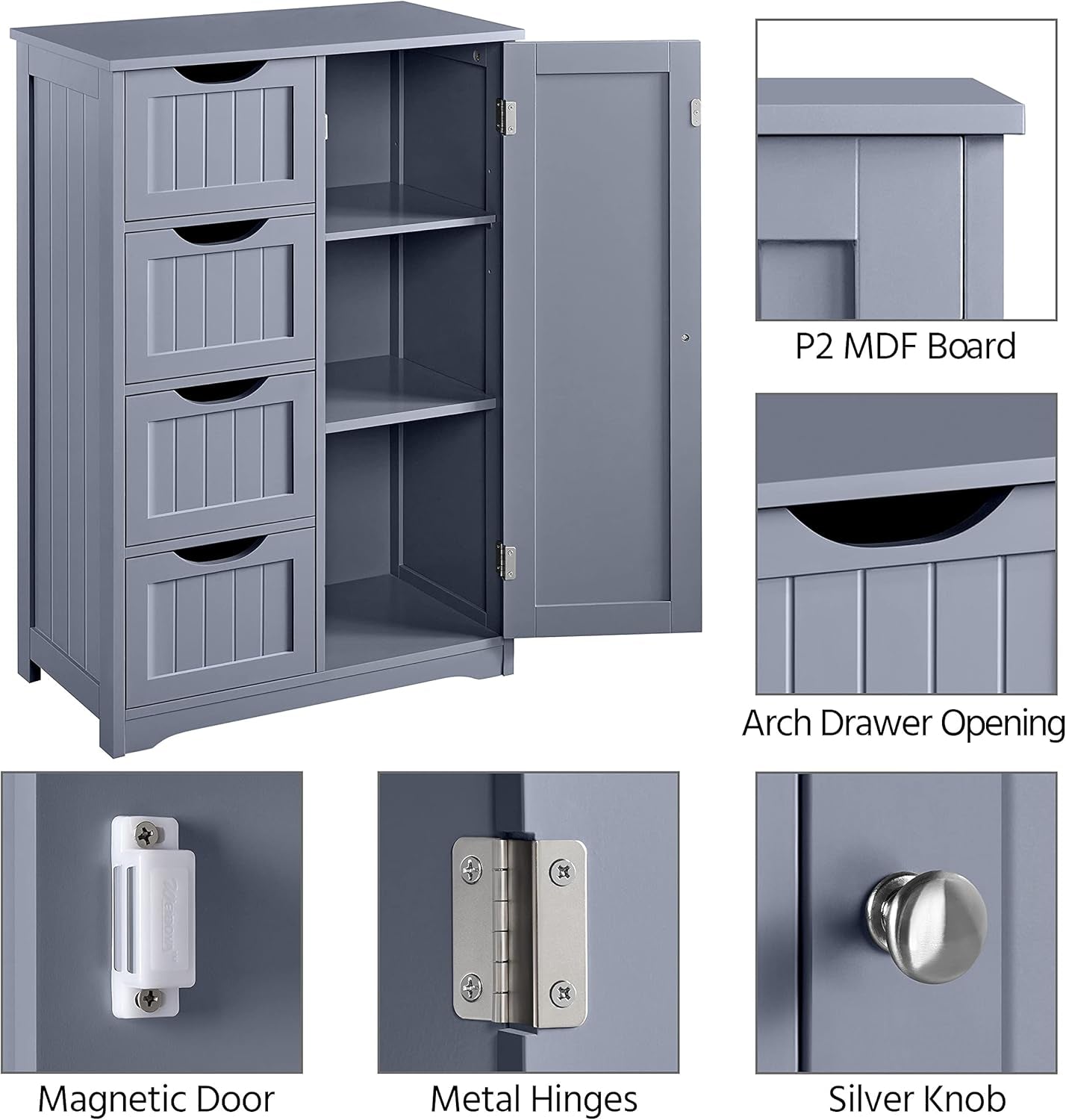 Gray Freestanding Bathroom Floor Cabinet With 4 Drawers