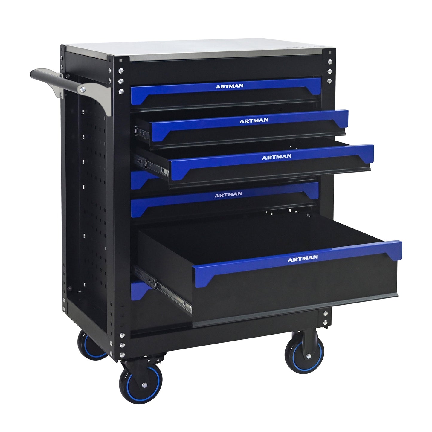 30-inch 7-drawer Iron-top Practical Rolling Steel Tool Cart, With Handle and Wheels, Storage Cabinet for Garages, Warehouses, Repair Shops, Requires Assembly of the the Tool Cart - Black & Blue