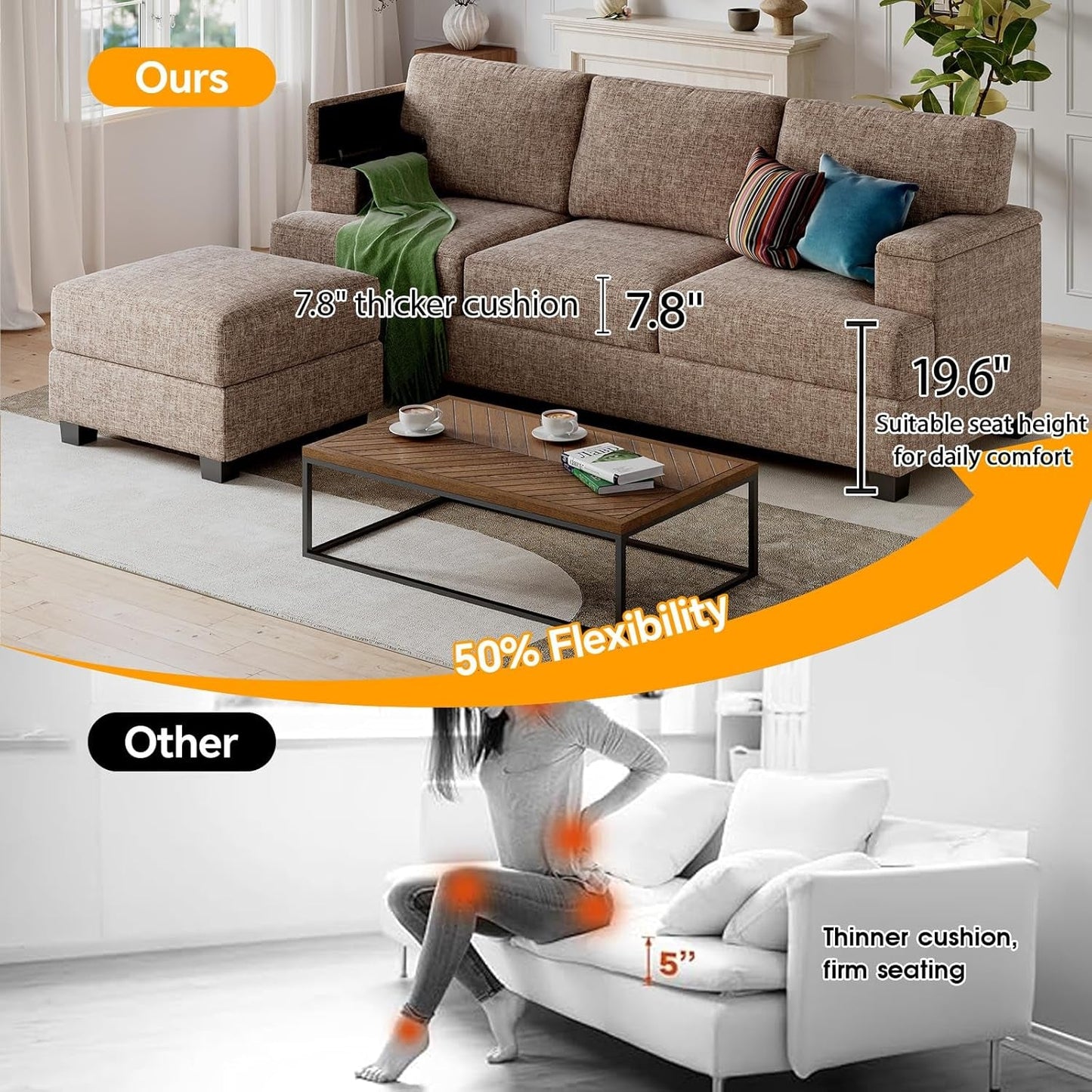 85 Inch L Shaped Couch Armrest Organizer Movable Ottoman