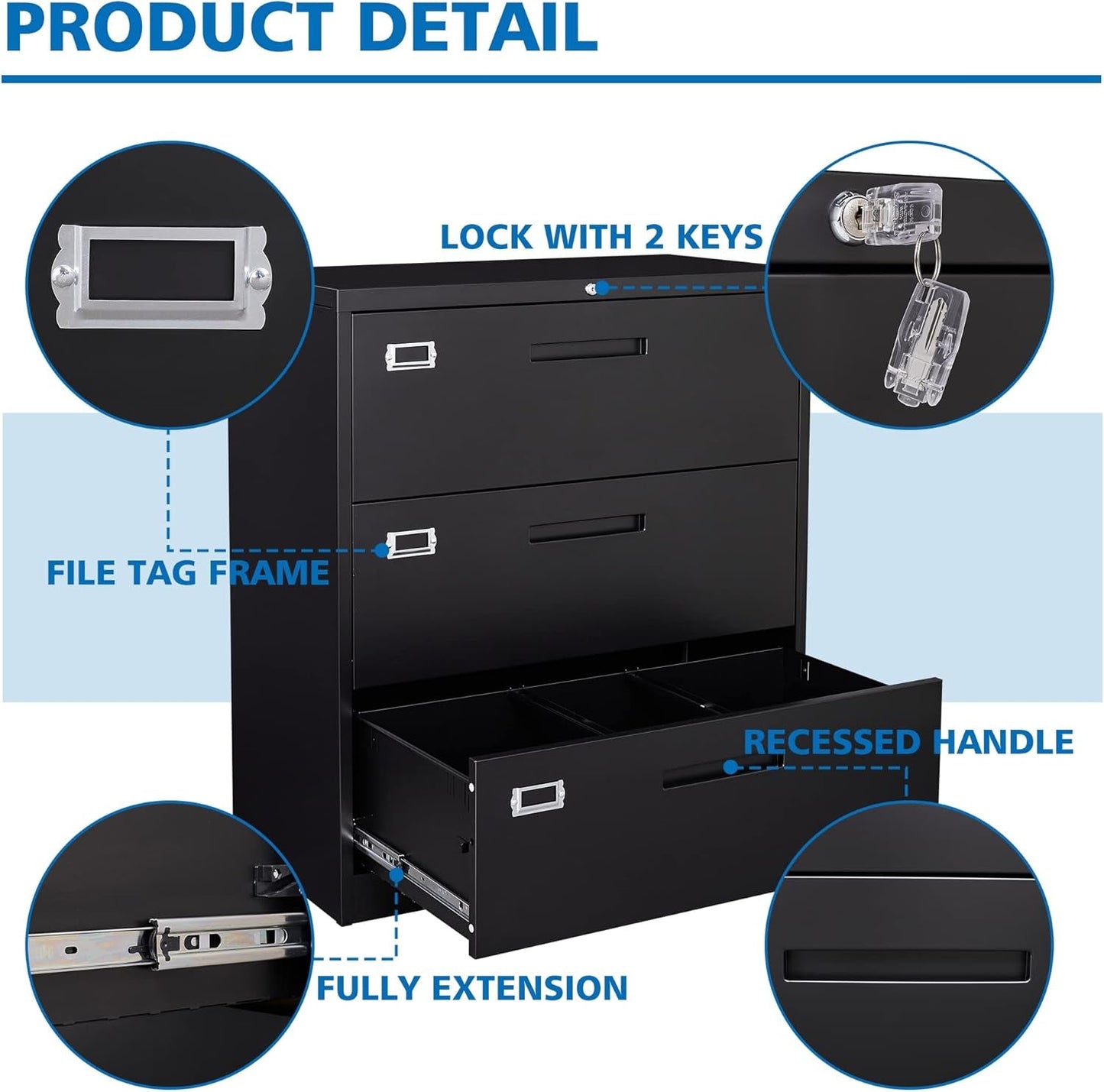 Lateral File Cabinet With Lock 3 Drawer For Legal Letter A4