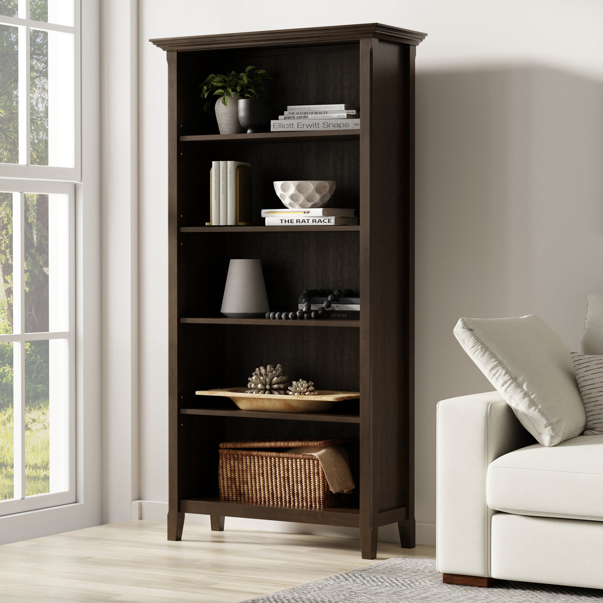 Amherst 36 Inch Solid Wood 5 Shelf Bookcase in Hickory