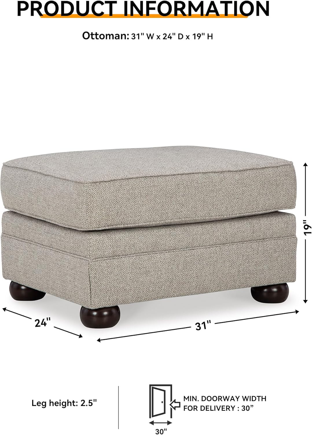 Rectangular Upholstered Ottoman Light Brown Bun Legs