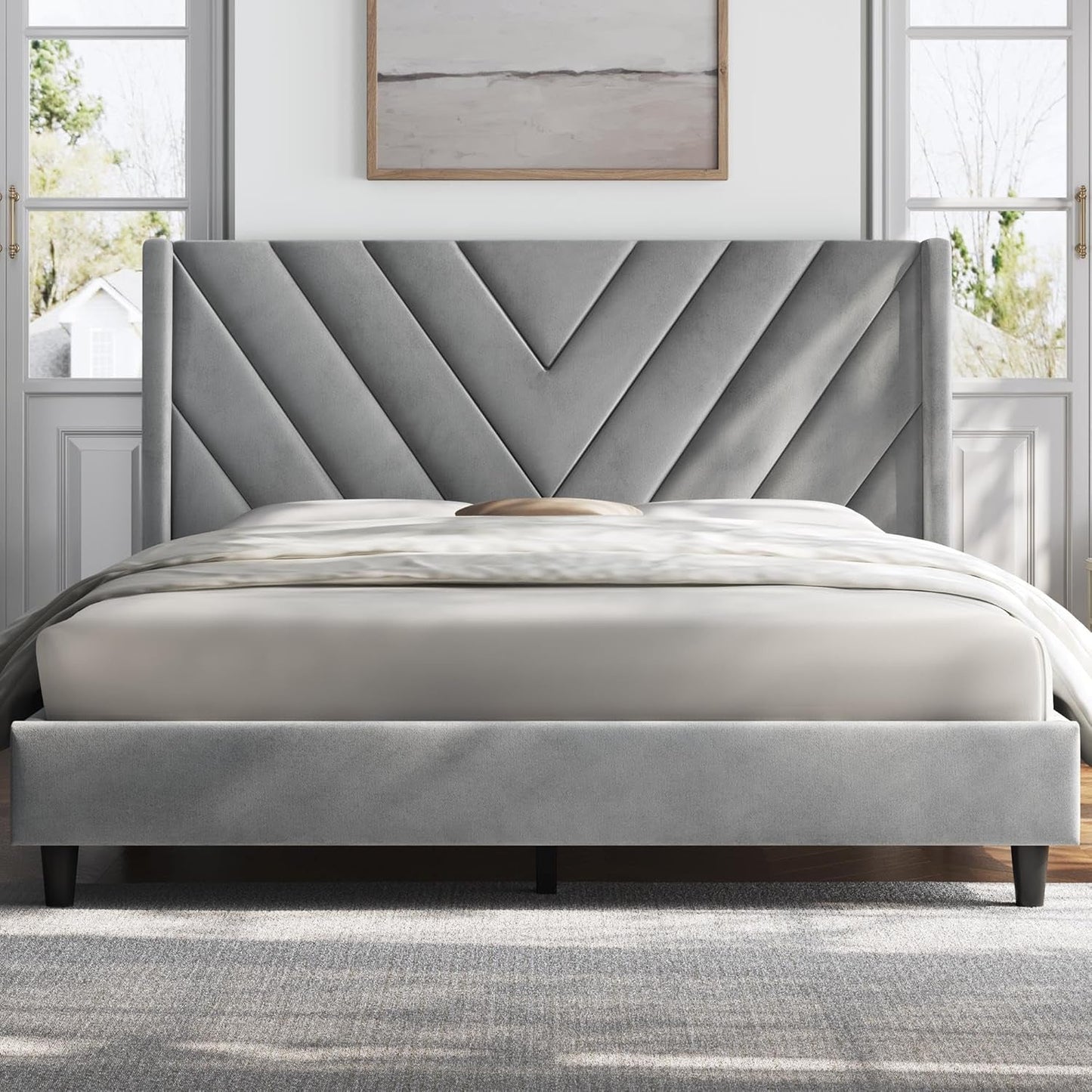 Queen Upholstered Bed Frame With Winged Tufted Headboard Light Gray
