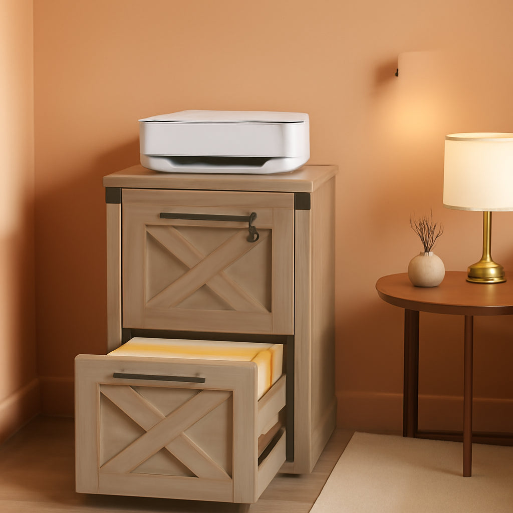 2 Drawer File Cabinet With Lock Gray Oak Farmhouse Home Office Printer Stand Fits Letter A4