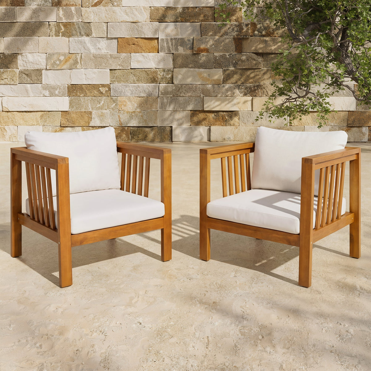 Set of 2 Outdoor Acacia Wood Club Chairs