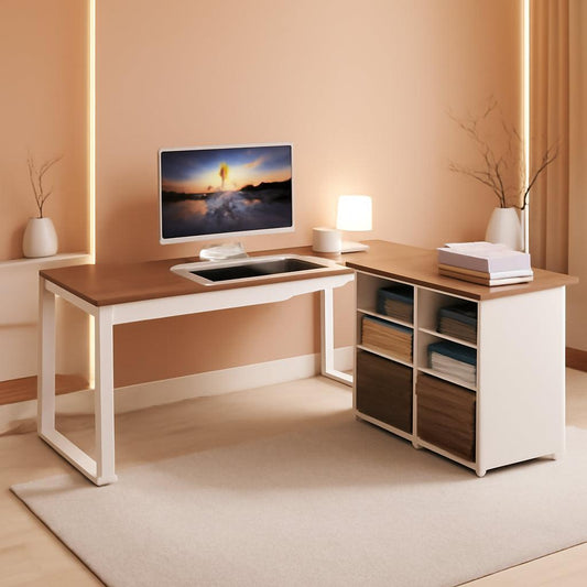 63 Inch L Shaped Desk Reversible Cabinet Natural Oak Wood Finish