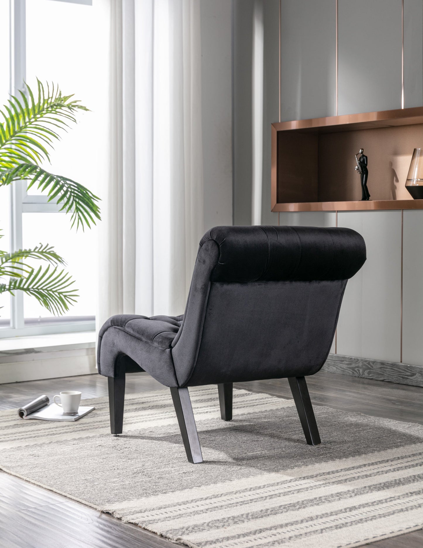 COOLMORE Modern Velvet Armless Accent Living Room Chair / Leisure Chair,Upholstered Fabric Button Comfortable Chair with Wooden Legs for Bedroom, Living Room, Office (Black Velvet)