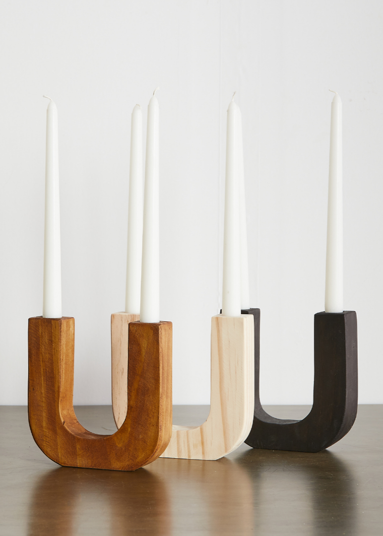 U-Shaped Wooden Double Taper Candlestick Holder