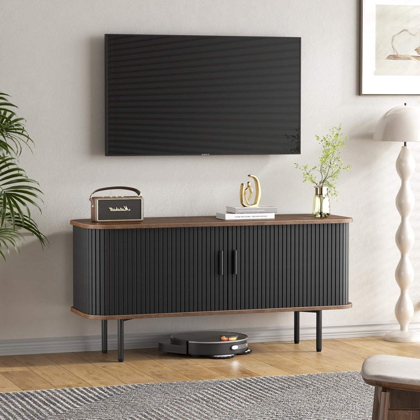 47 Inch Black TV Stand With Sliding Doors And Storage