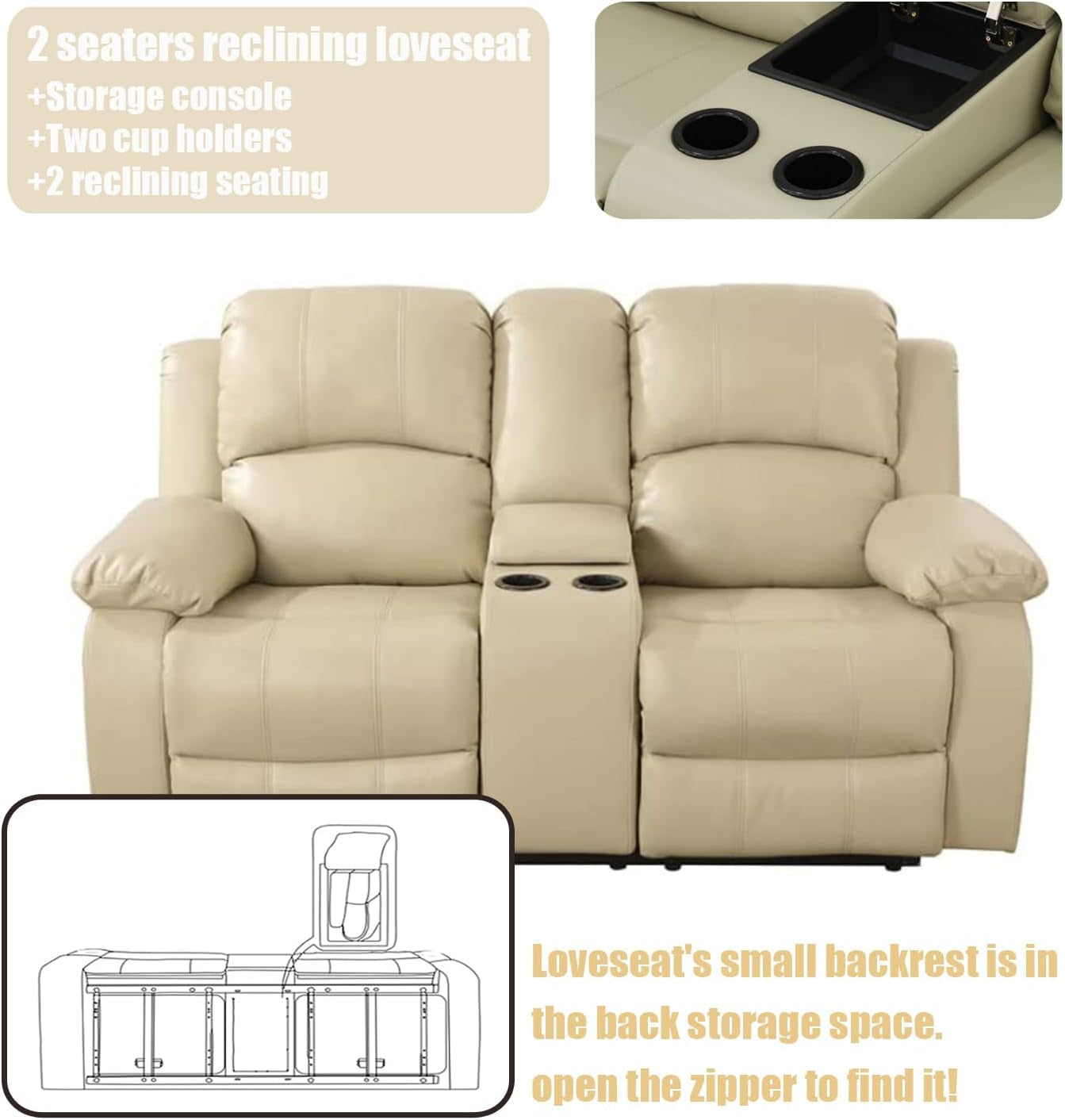 Beige Faux Leather Reclining Sofa Set With Storage Console