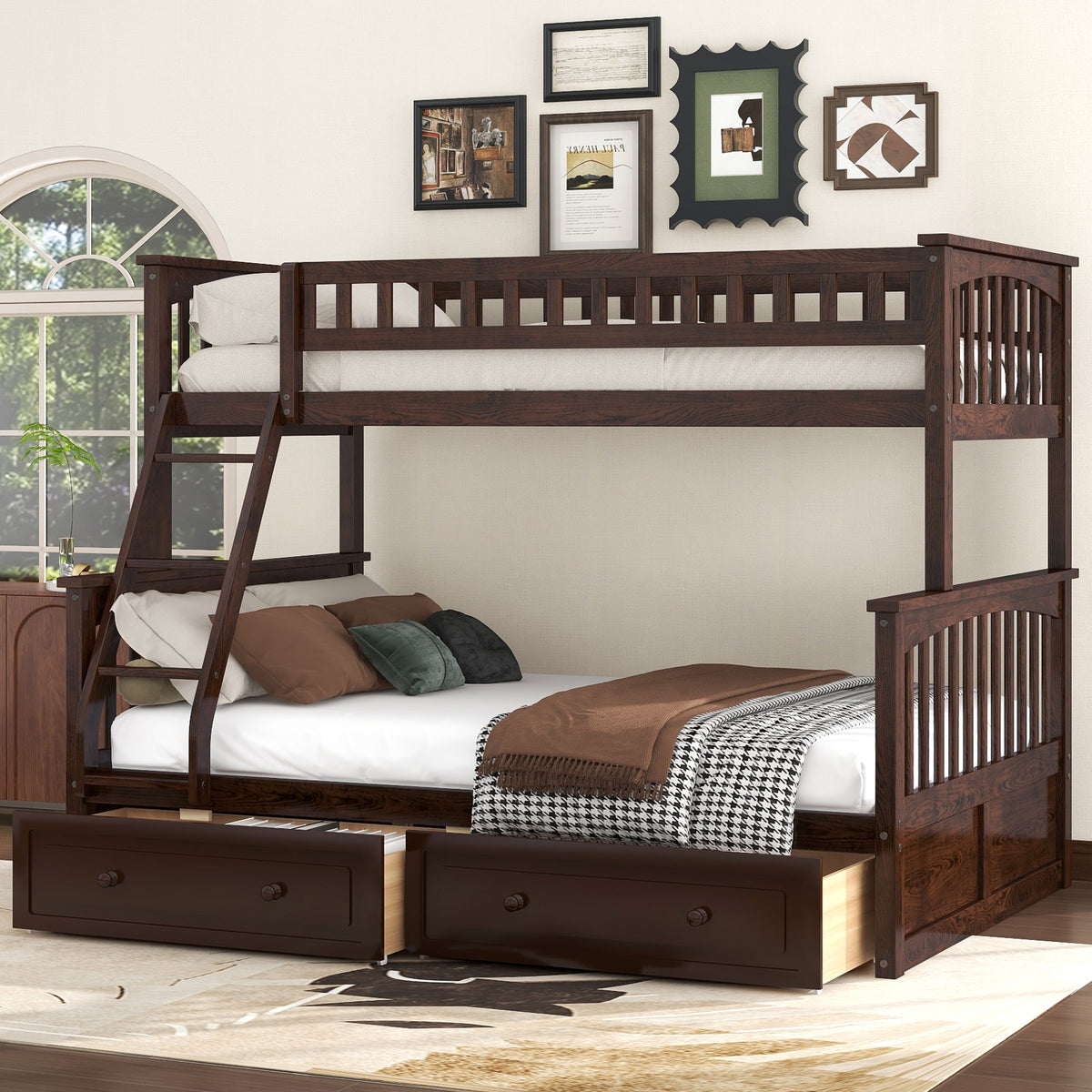 Twin Over Full Bunk Bed with Drawers, Convertible Beds
